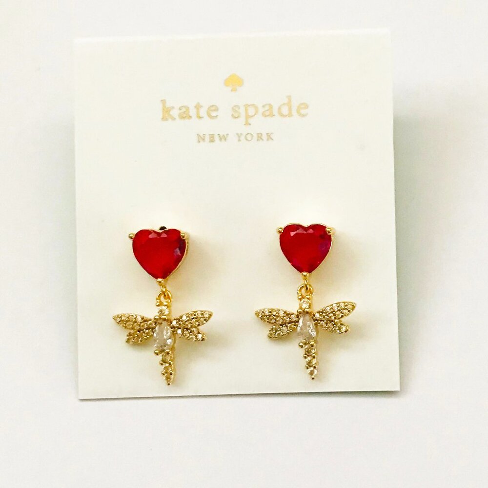 Kate Spade Red Heart Dragonfly CZ Rhinestones Earrings